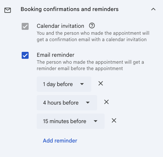 Booking confirmations and reminders settings showing calendar invitation and three email reminder times: 1 day, 4 hours, and 15 minutes before