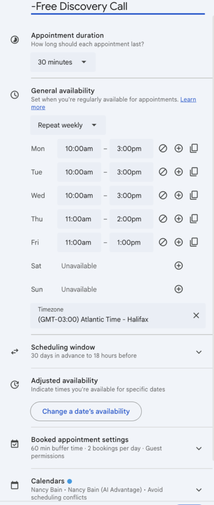 Google Booking Pages scheduling settings showing appointment duration, weekly availability, scheduling window, buffer time, and calendar conflict checking