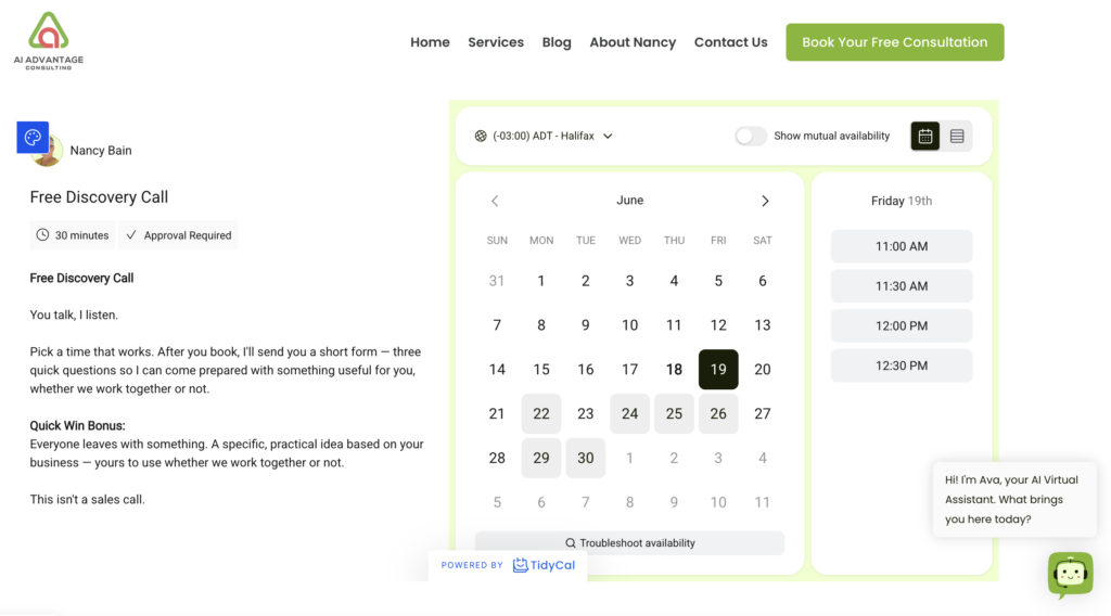 AI Advantage Consulting website showing an embedded TidyCal booking calendar for a Free Discovery Call