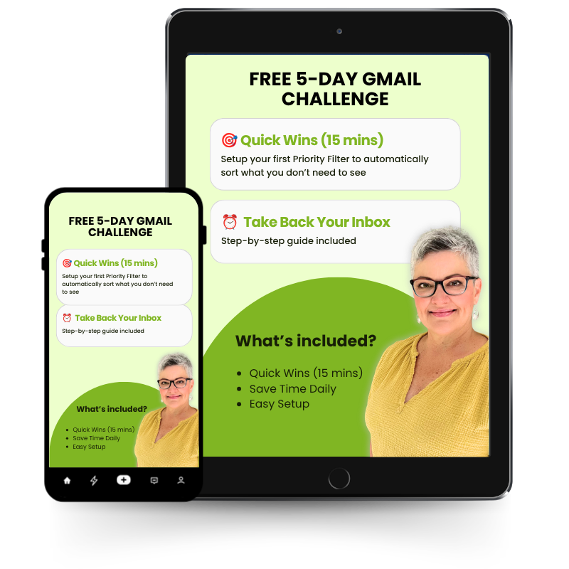 A tablet and phone showing benefits of the free 5 day gmail challenge