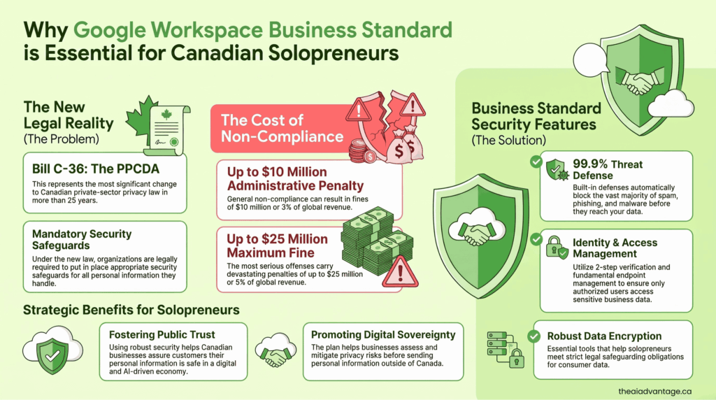 Infographic: Bill C-36 privacy law penalties and Google Workspace Business Standard security features for Canadian solopreneurs