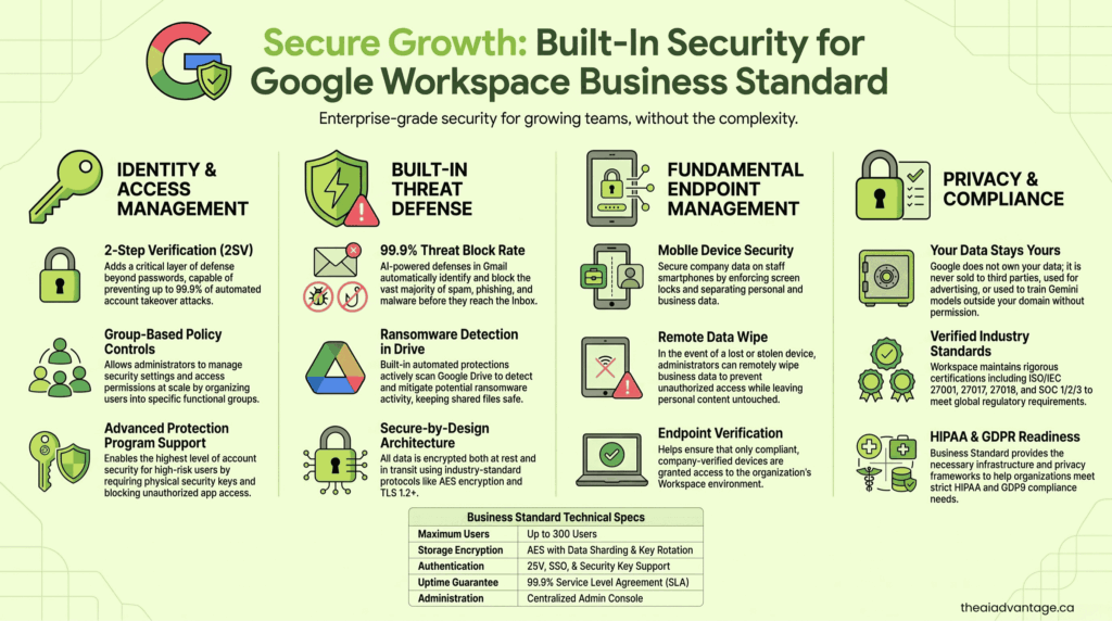 Infographic of Google Workspace Business Standard security: identity access, threat defense, endpoint management, and compliance