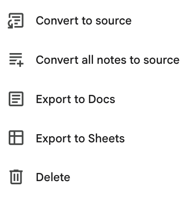 A screenshot showing options for Notes generated by NotebookLM in 2026