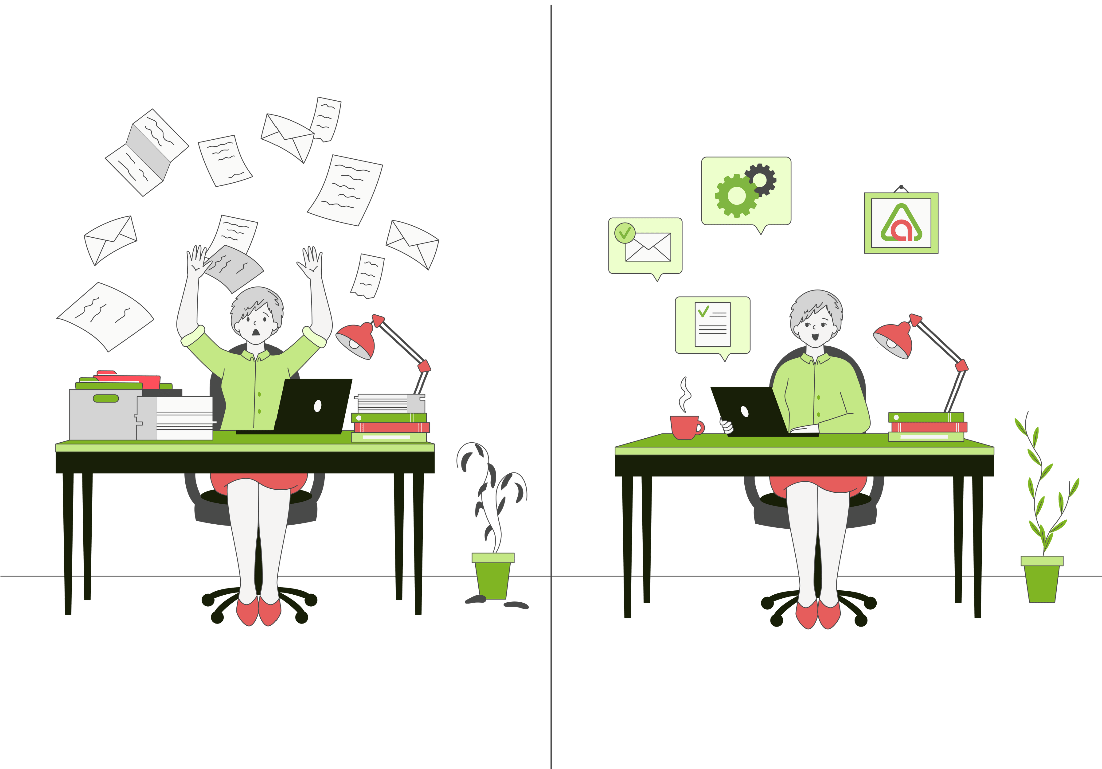 Split illustration showing a stressed solopreneur buried in paperwork next to a calm, organized desk using AI automation