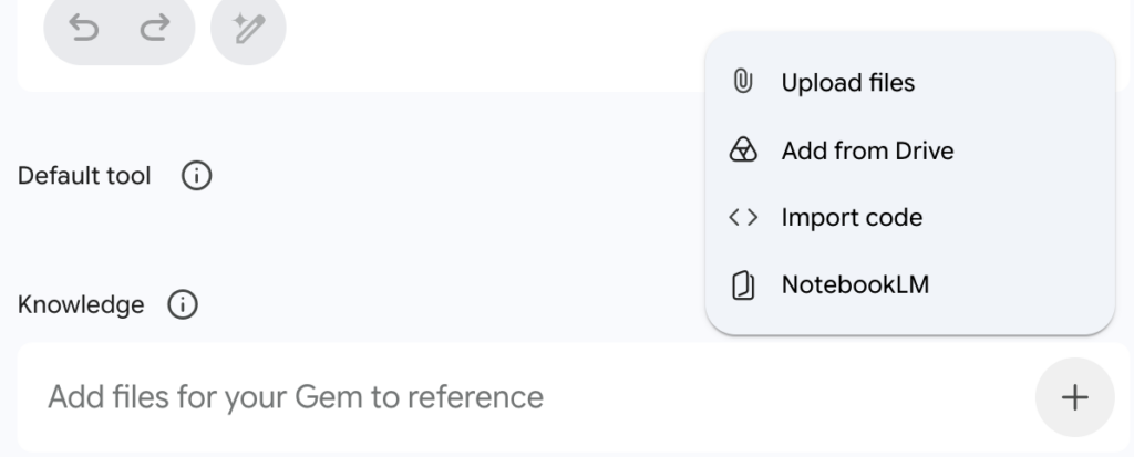 A screenshot showing knowledge base sources for a Gemini Gem